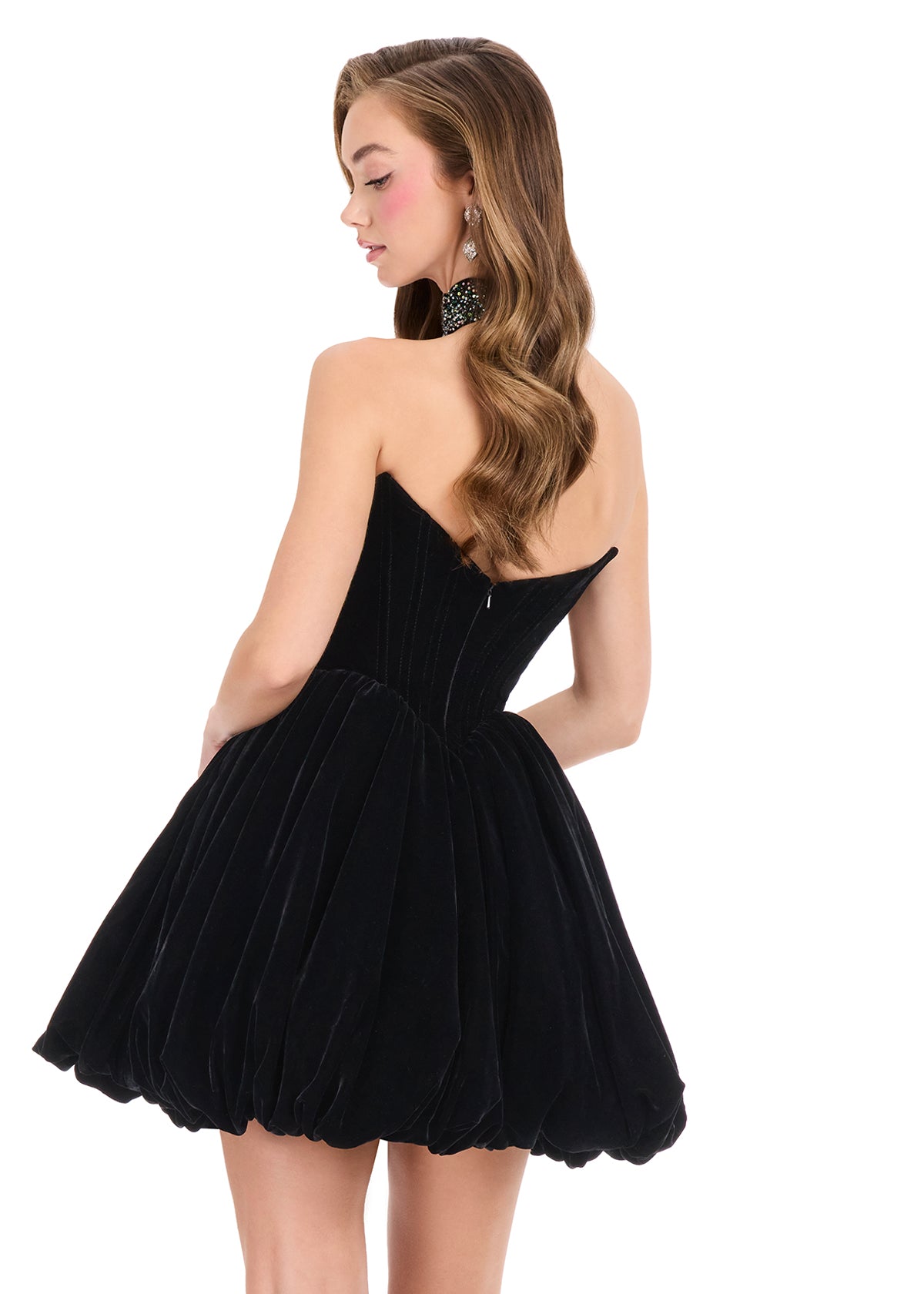 ASHLEYlauren 40033 Gown | Black luxurious strapless velvet cocktail dress with v back and beaded collar