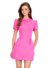 ASHLEYlauren 40037 Gown | Fuchsia short sleeve scuba cocktail dress with bow and v back