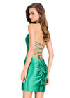 ASHLEYlauren 40039 Gown | Emerald form fitting shimmer jersey cocktail dress with deep plunge halter corset and lace up back 