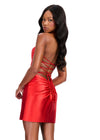 ASHLEYlauren 40039 Gown | Red flattering lace up corset halter cocktail dress open back and deep plunge