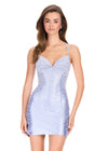 ASHLEYlauren 40045 Gown | Periwinkle form fitting beaded jersey mini dress with lace up corset and sweet heart neckline