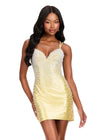 ASHLEYlauren 40045 Gown | Yellow romantic beaded jersey lace up corset mini dress with open back and cinched butt