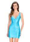 ASHLEYlauren 40047 Gown | Turquoise sophisticated beaded jersey cocktail dress with a v cut neckline and open back