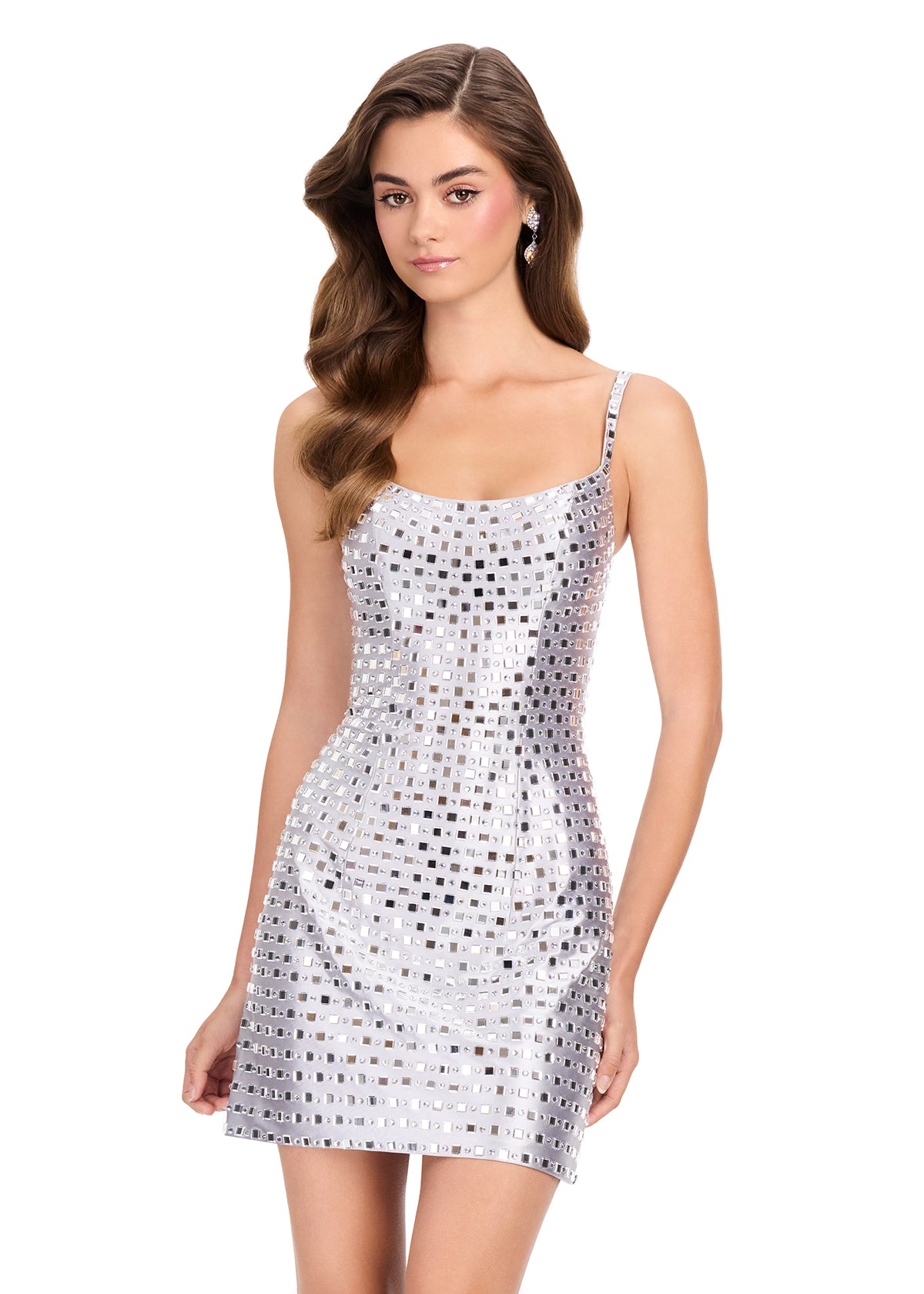 ASHLEYlauren 40049 Gown | Silver flattering beaded cocktail dress with a square cut back