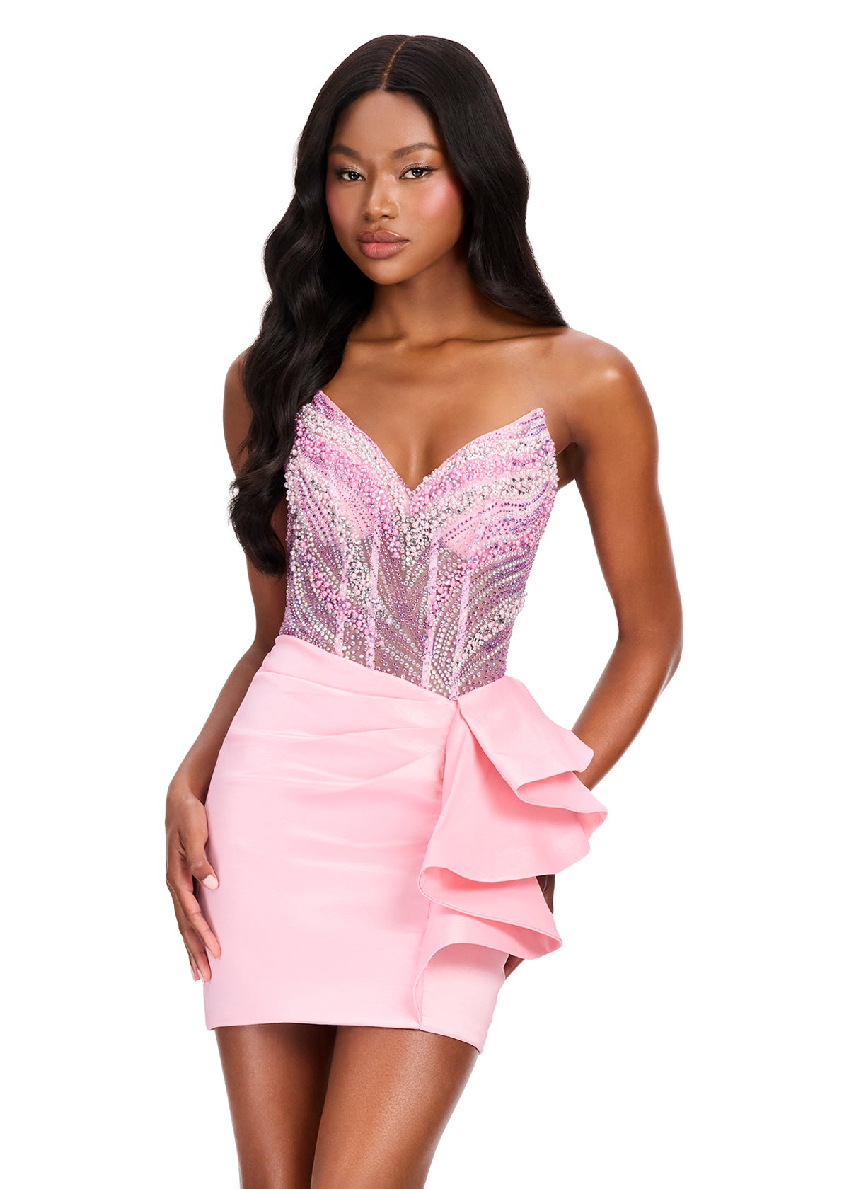 ASHLEYlauren 40054 Gown | Ice Pink beaded v cut neckline corset with taffeta skirt and side ruffle