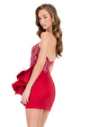 ASHLEYlauren 40054 Gown | Red romantic taffeta cocktail dress with cascading side ruffle and beaded strapless corset 