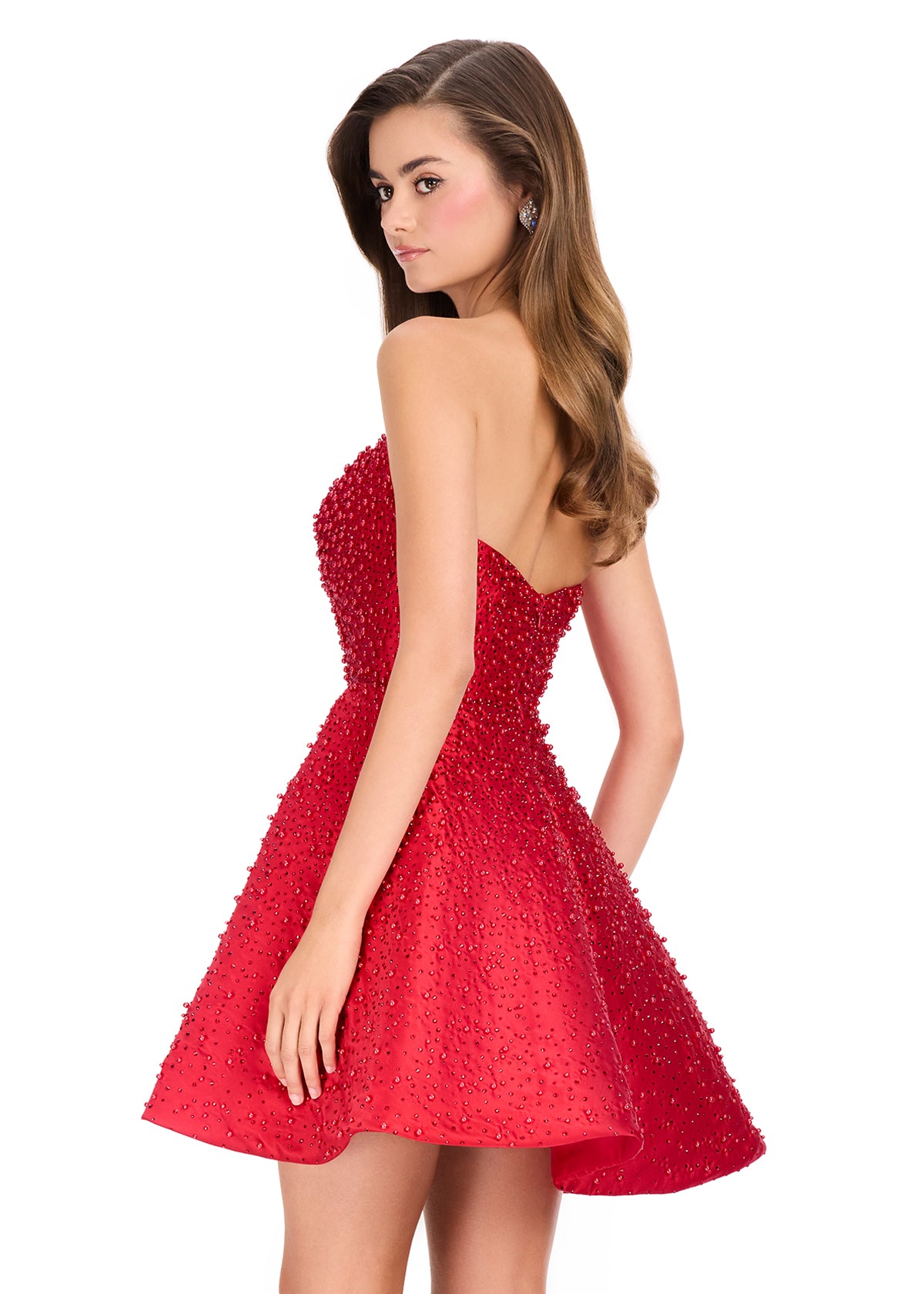 ASHLEYlauren 40056 Gown | Red form fitting beaded mikado cocktail dress with overskirt and strapless rounded neckline
