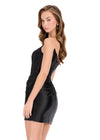 ASHLEYlauren 40058 Gown | Black v back strapless corset cocktail dress with gathered butt
