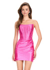 ASHLEYlauren 40058 Gown | Fuchsia flattering strapless corset jersey cocktail dress with straight neckline and gathered zipper