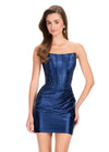 ASHLEYlauren 40058 Gown | Navy structured strapless straight neckline corset with intricate beading jersey cocktail dress