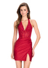 ASHLEYlauren 40059 Gown | Deep Red romantic deep plunge halter corset cocktail dress with lace applique and gathered asymmetrical skirt