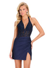 ASHLEYlauren 40059 Gown | Navy flattering jersey cocktail dress with lace halter neckline a sheer corset and open back