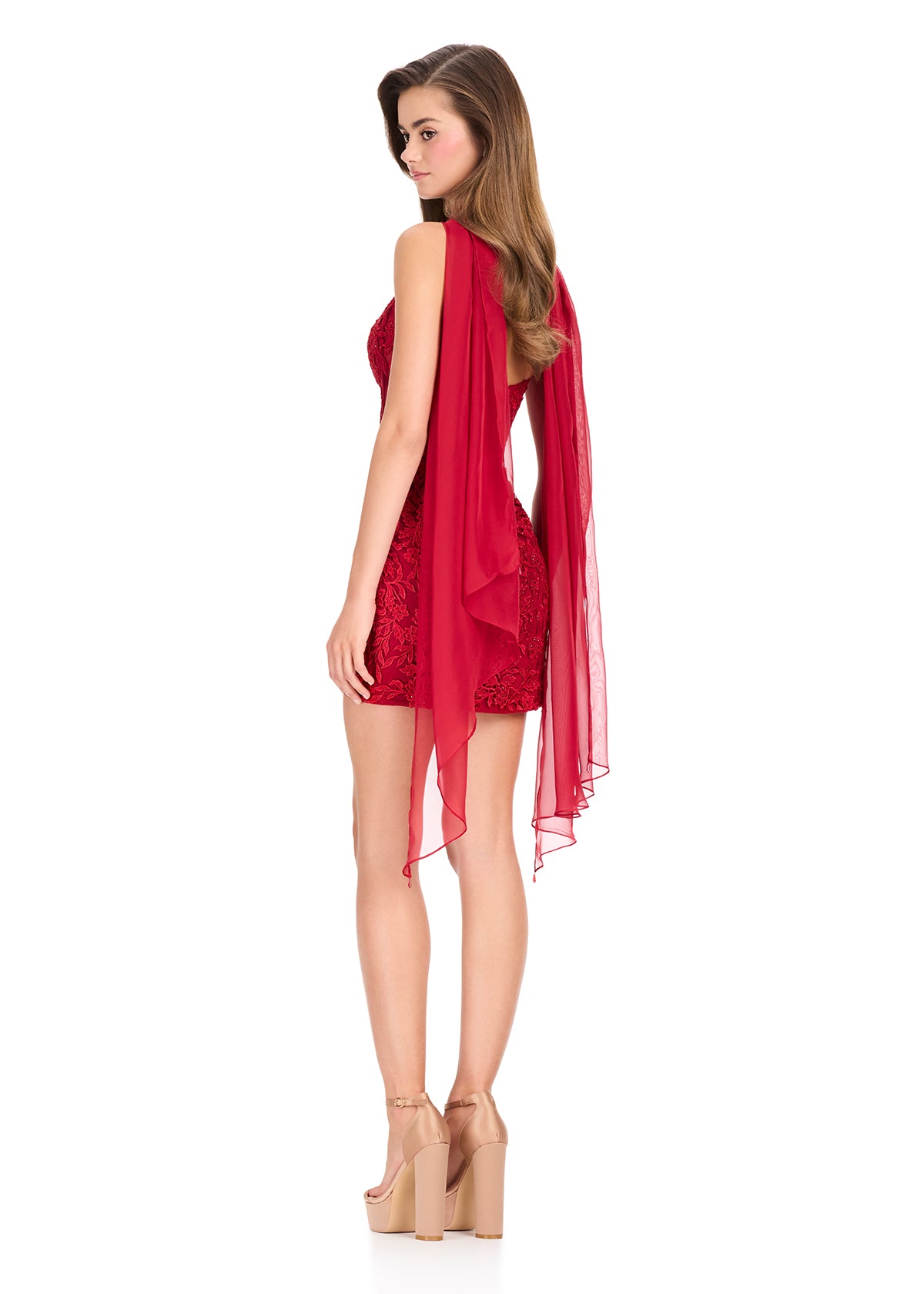 ASHLEYlauren 40060 Gown | Deep Red glamorous lace applique cocktail dress with a flattering sheer corset and neck scarf