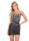 ASHLEYlauren 40063 Gown | Black structured strapless corset cocktail dress fully beaded with zipper