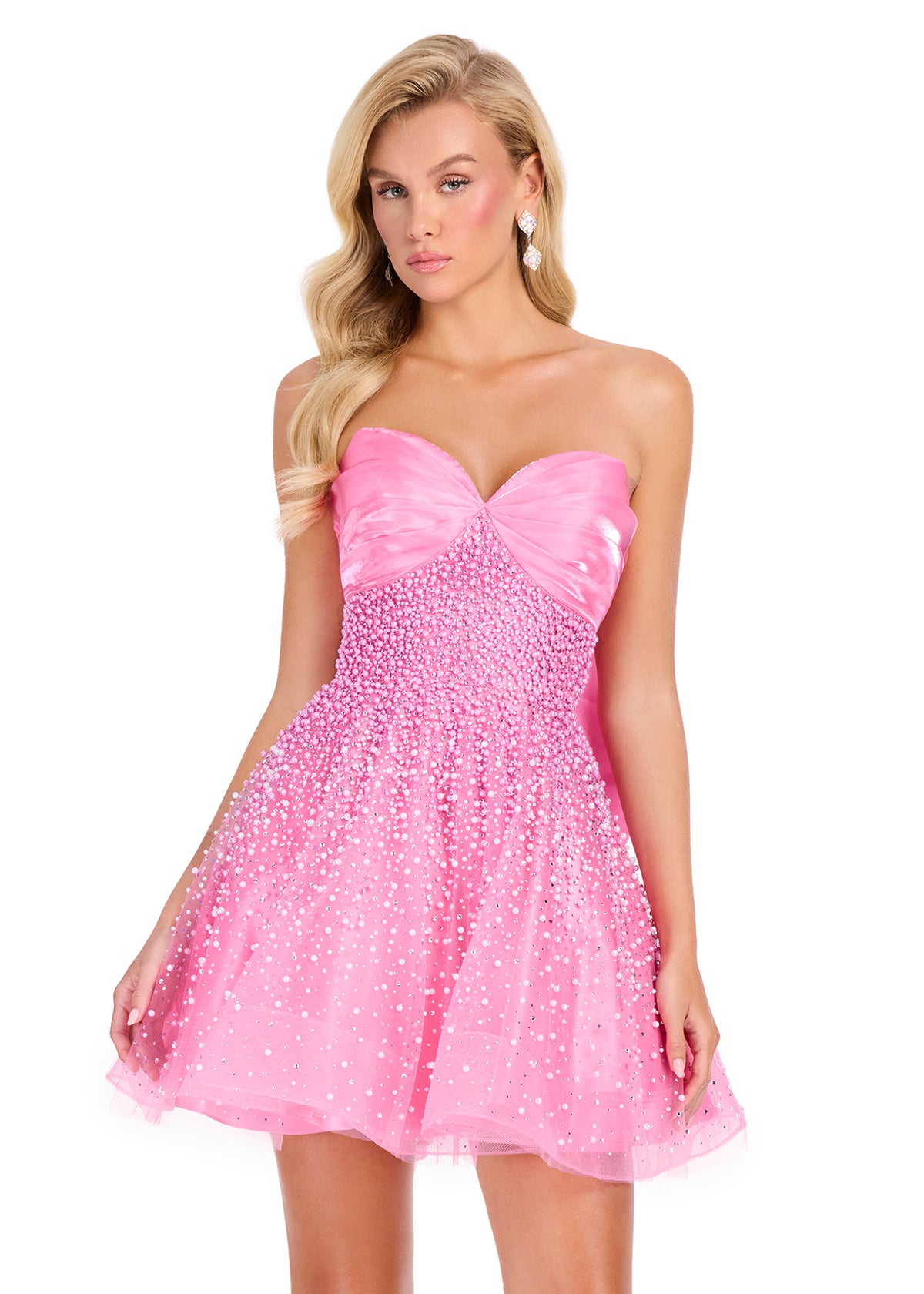 ASHLEYlauren 40066 Gown | Candy Pink darling beaded organza strapless cocktail dress with accented bow on back