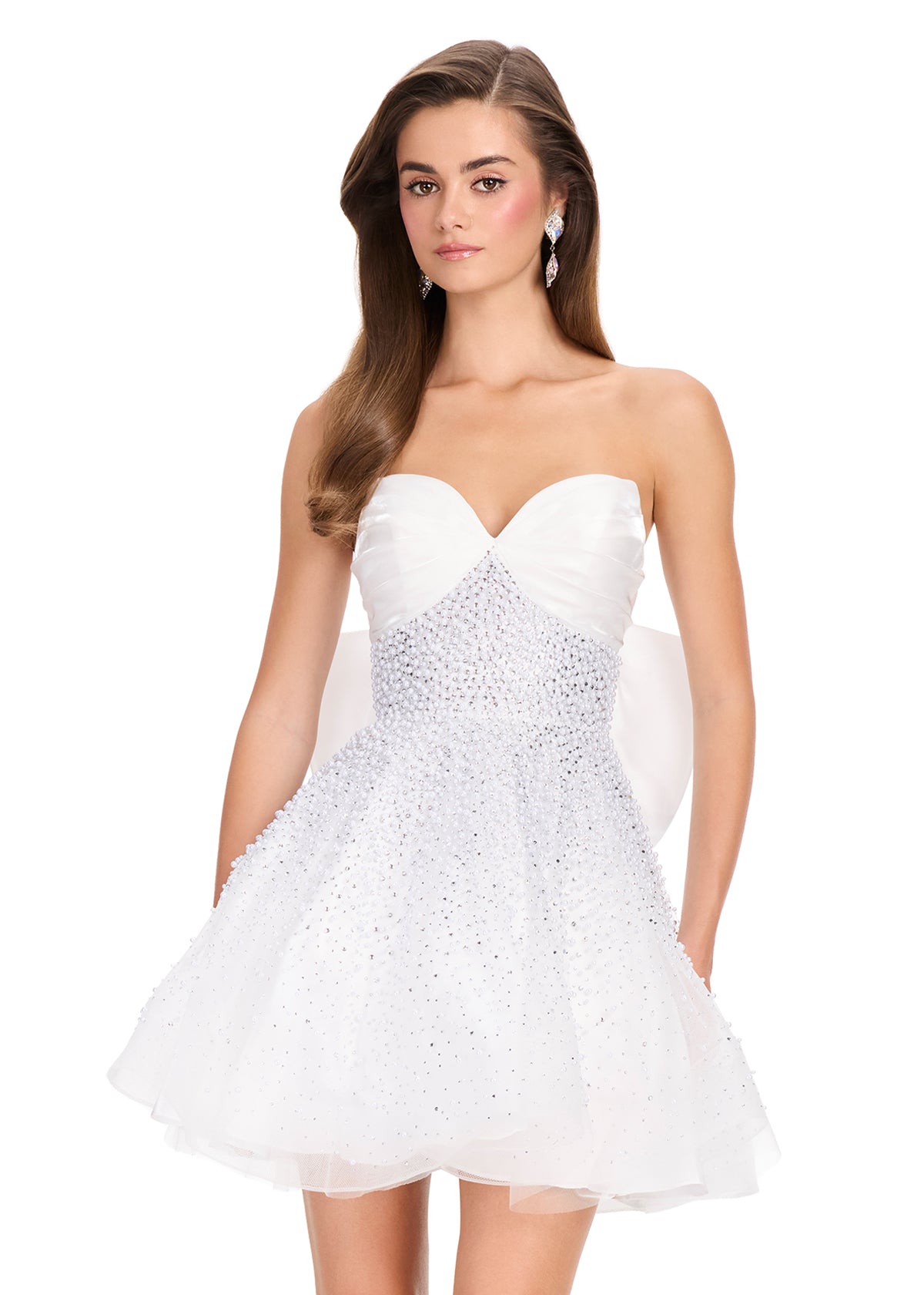 ASHLEYlauren 40066 Gown | White detailed strapless cocktail dress with statement bow