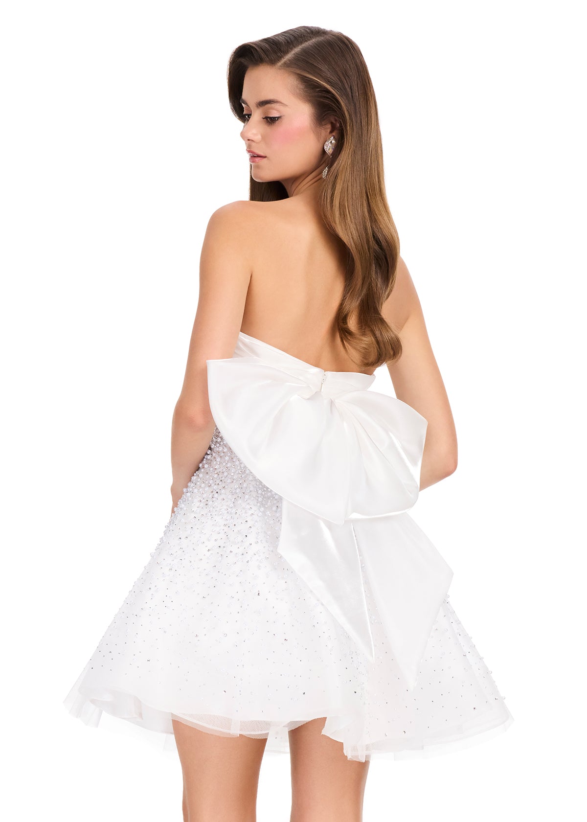 ASHLEYlauren 40066 Gown | White beautiful organza beaded cocktail dress a line strapless with a statement bow