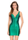 ASHLEYlauren 40070 Gown | Emerald fitted beaded jersey cocktail dress with plunge neckline and open back