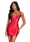 ASHLEYlauren 40070 Gown | Red flattering plunge neckline cocktail dress with open back and full beading
