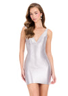 ASHLEYlauren 40070 Gown | Silver glamorous beaded cocktail dress with zipper, open back, and plunge neckline