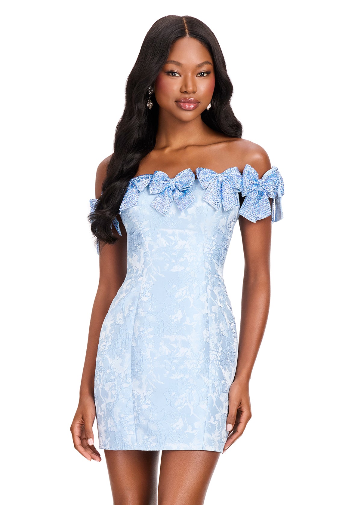 ASHLEYlauren 40074 Gown | Sky classy bow trim off the shoulder brocade cocktail dress