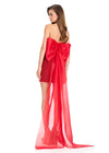 ASHLEYlauren 40078 Gown | Red strapless beaded organza cocktail dress with statement back bow and floor length train 