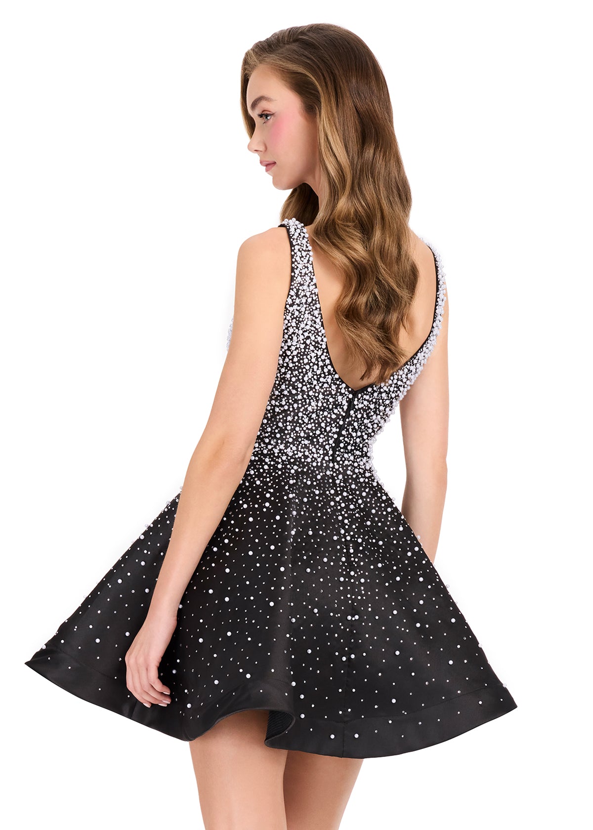 ASHLEYlauren 40081 Gown | Black glamorous beaded cocktail dress with plunge and v back