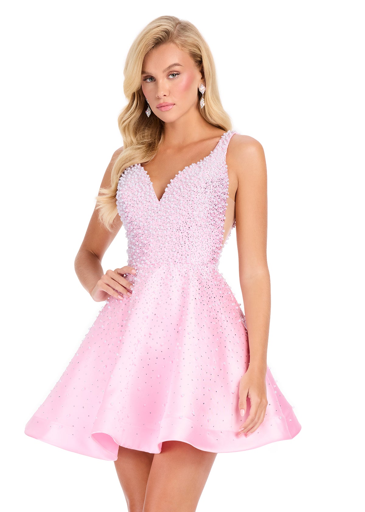 ASHLEYlauren 40081 Gown | Ice Pink glamorous beaded cocktail dress with plunge and v back