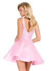 ASHLEYlauren 40081 Gown | Ice Pink unique beaded mikado cocktail dress with plunge neckline and v back
