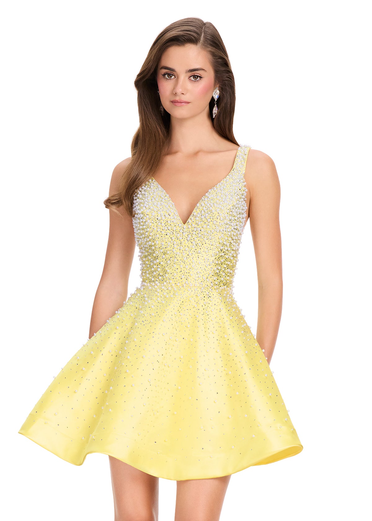 ASHLEYlauren 40081 Gown | Yellow glamorous beaded mikado cocktail dress with plunge and v back