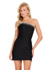 ASHLEYlauren 40084 Gown | Black fitted heavy jersey cocktail dress strapless with asymmetrical shimmer trim neckline 