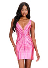 ASHLEYlauren 40085 Gown | Pink flattering fitted beaded pattern jersey cocktail dress with an open back and deep plunge neckline