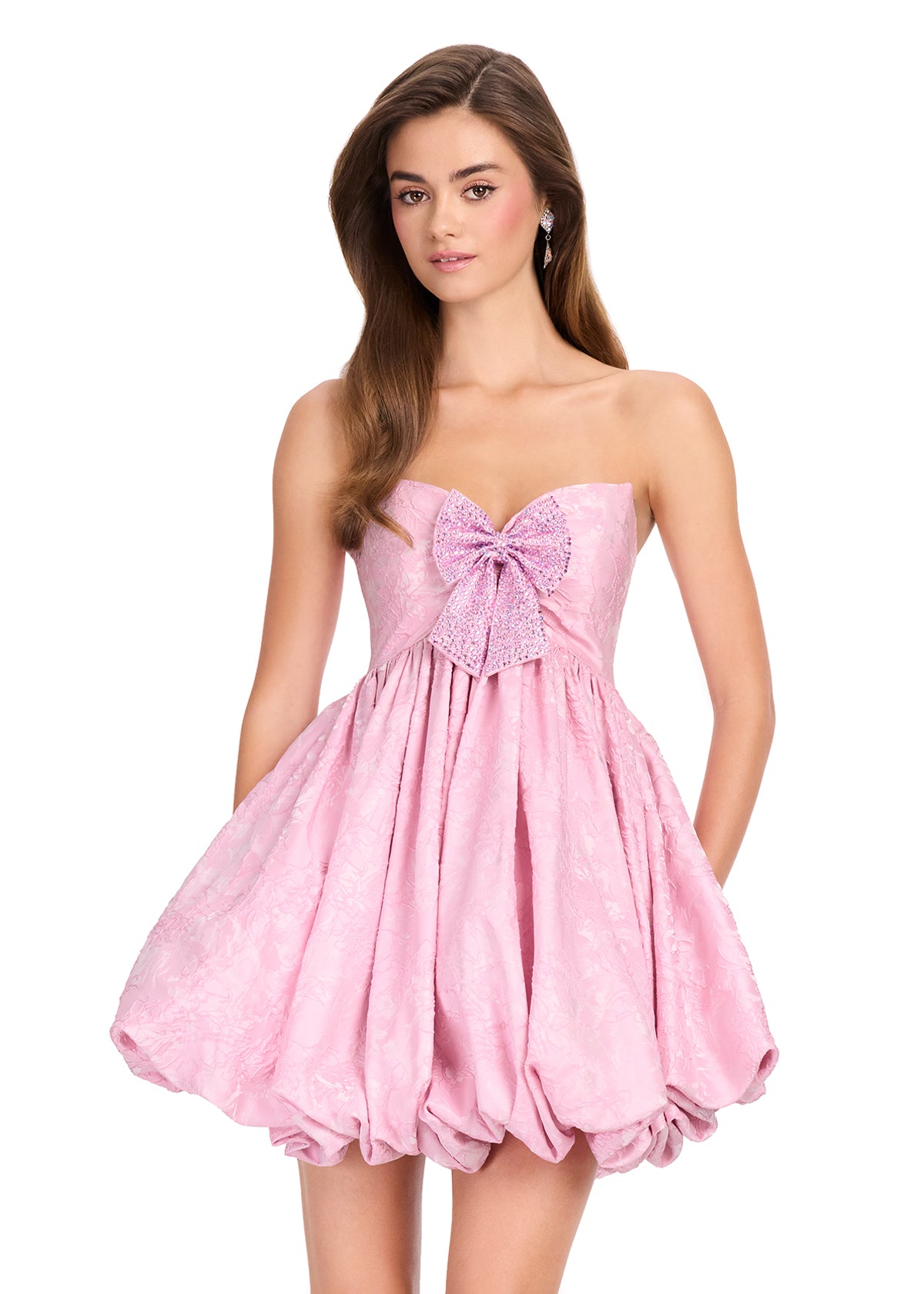 ASHLEYlauren 40086 Gown | Ice Pink strapless brocade baby doll cocktail dress with sweetheart neckline and statement bow