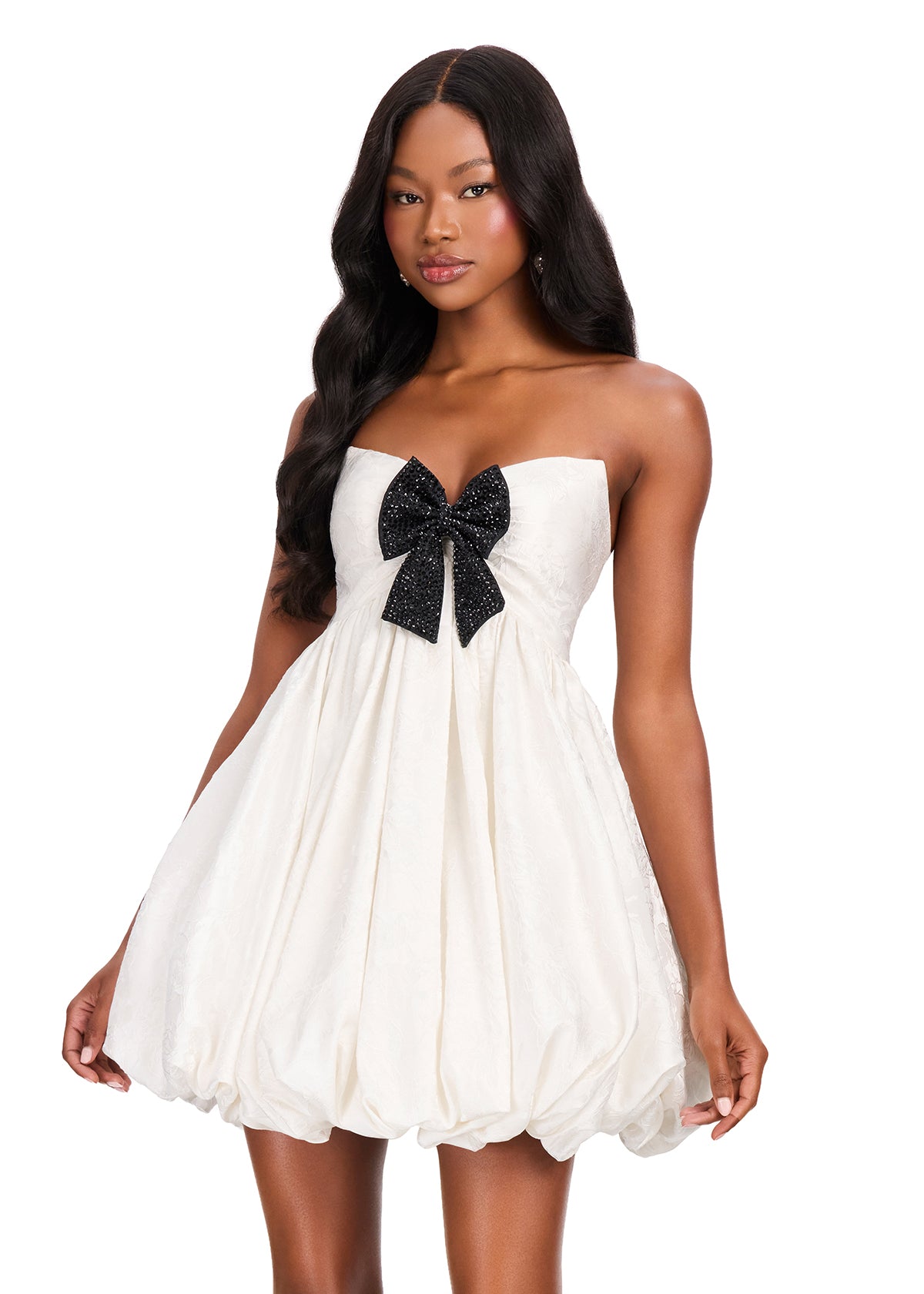 
ASHLEYlauren 40086 Gown | White flattering baby doll cocktail dress with strapless sweetheart neckline and bow
