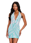 ASHLEYlauren 40089 Gown | Aqua detailed fully beaded halter cocktail dress with deep plunge and open back