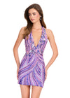 ASHLEYlauren 40089 Gown | Orchid glamorous fully beaded cocktail dress with deep plunge halter and open back