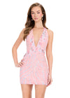 ASHLEYlauren 40089 Gown | Pink detailed fully beaded halter cocktail dress with deep plunge and open back
