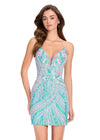 ASHLEYlauren 40091 Gown | Aqua intricate beautiful strapless fully beaded cocktail dress with deep plunge sweetheart neckline and lace up open back