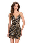 ASHLEYlauren 40093 Gown | Gold/Black  unique fully beaded and stoned cocktail dress with deep plunge 