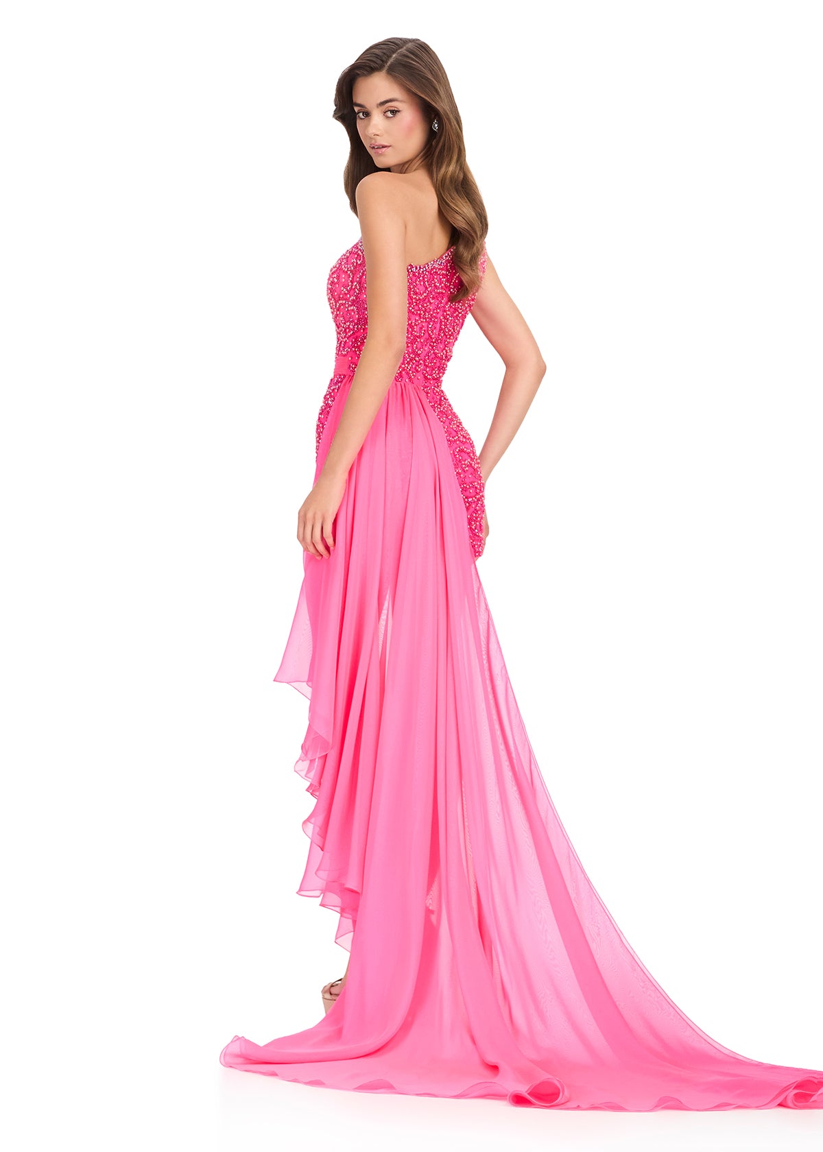 ASHLEYlauren 40098 Gown | Hot Pink fully beaded one shoulder romper with chiffon floor length cascading ruffle