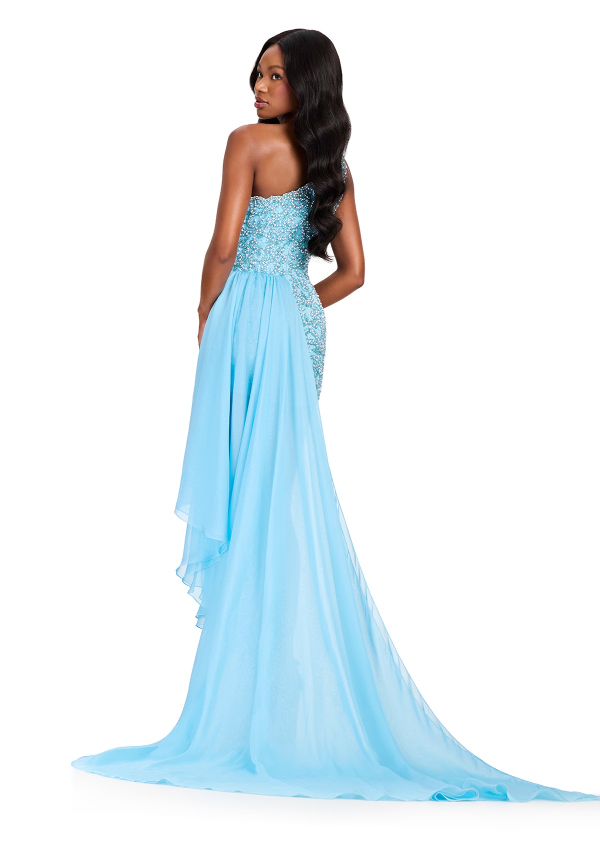 ASHLEYlauren 40098 Gown | Sky chiffon one shoulder fully beaded romper with statement cascading floor length ruffle 