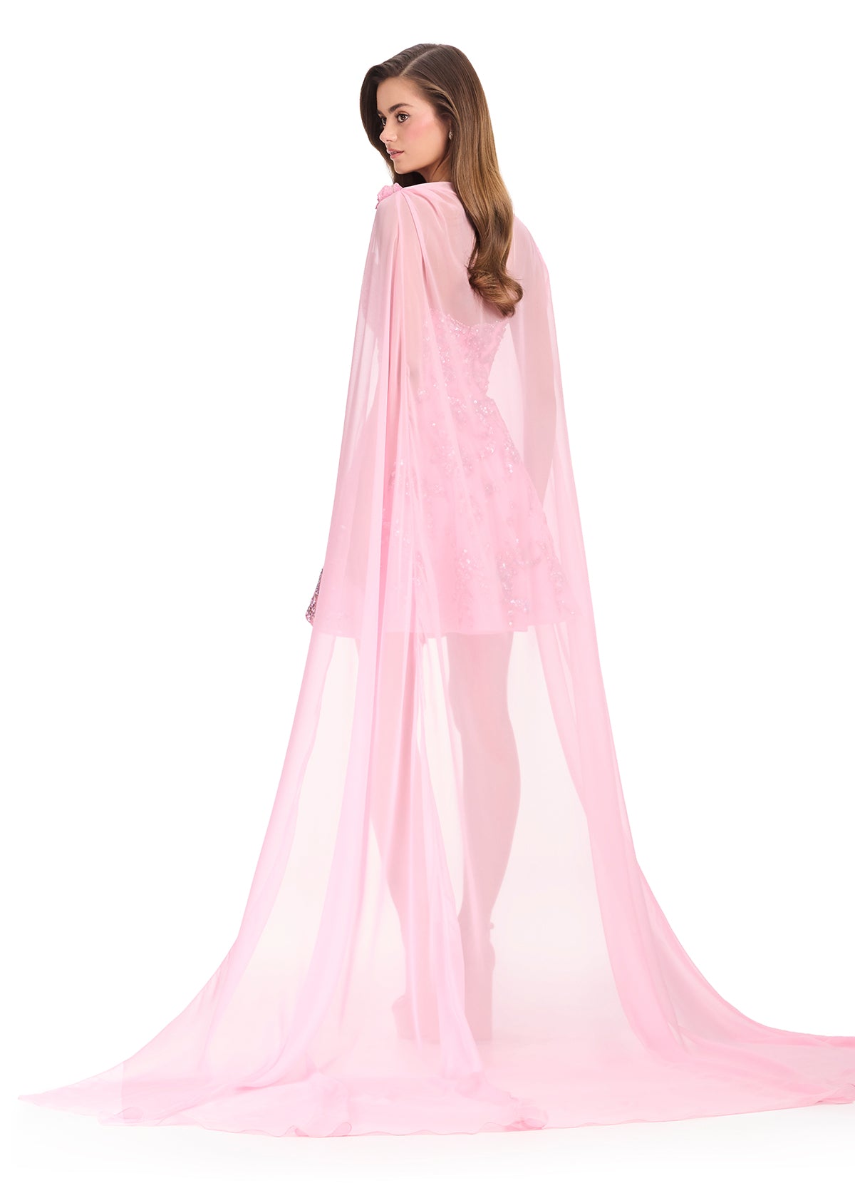 ASHLEYlauren 40099 Gown | Candy Pink glamorous beaded strapless cocktail dress with chiffon floor length cape 