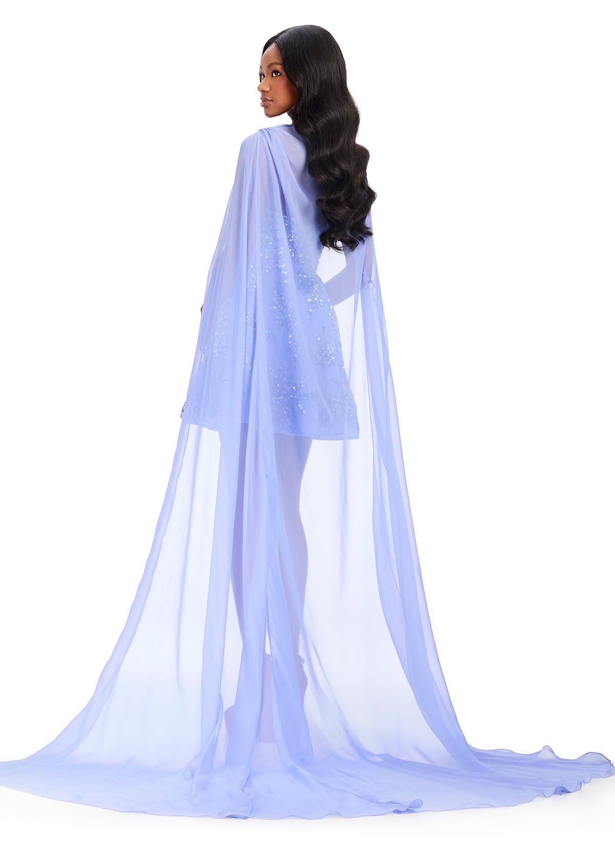 ASHLEYlauren 40099 Gown | Periwinkle glamorous beaded strapless cocktail dress with chiffon floor length cape 
