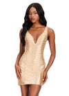 ASHLEYlauren 40101 Gown | Gold beaded fitted jersey cocktail dress with deep plunge and v back