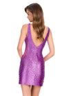 ASHLEYlauren 40101 Gown | Purple fully beaded jersey mini dress with deep plunge and open back