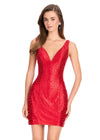 ASHLEYlauren 40101 Gown | Red beaded fitted jersey cocktail dress with deep plunge and v back