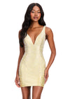ASHLEYlauren 40101 Gown | Yellow fully beaded jersey mini dress with deep plunge and open back