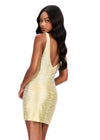 ASHLEYlauren 40101 Gown | Yellow beaded fitted jersey cocktail dress with deep plunge and v back