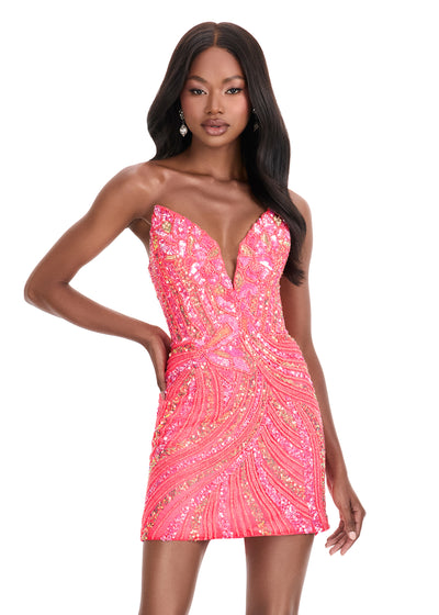 ASHLEYlauren 4500 Gown | Electric-Pink strapless sequin gown with plunging V-neckline, ornate bead pattern, and dramatic V-back