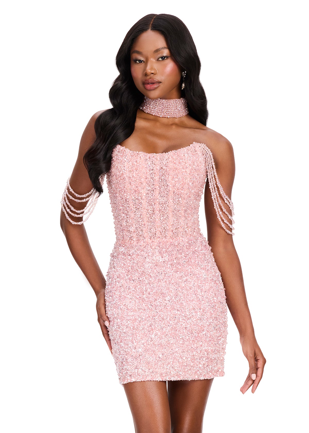 ASHLEYlauren 4758 Off Shoulder Pearl Beaded Cocktail Dress